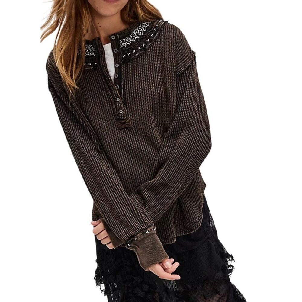 NWT Free People Holly Henley Thermal Long Sleeve Top Black Combo